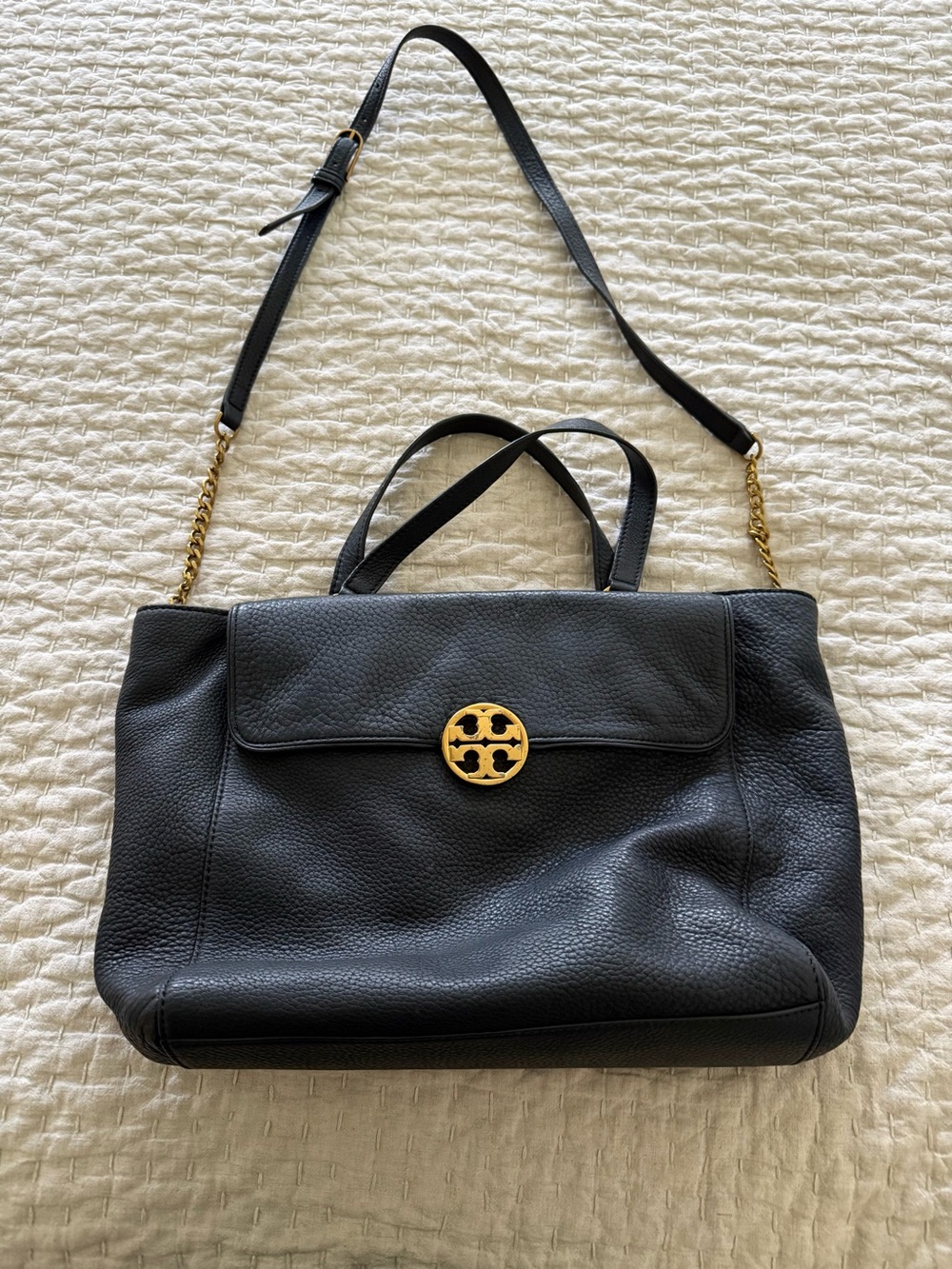 Tory Burch Black Leather Shoulder Tote with Gold Emblem
